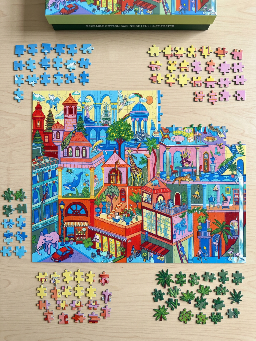 jigsaw puzzle pieces sorted by colour around partially completed puzzle
