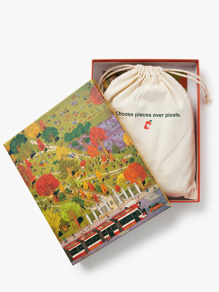 Open Trinity Bellwoods Fall 1000-piece puzzle box with reusable cotton storage bag and premium packaging featuring artwork by Kathleen Fu.