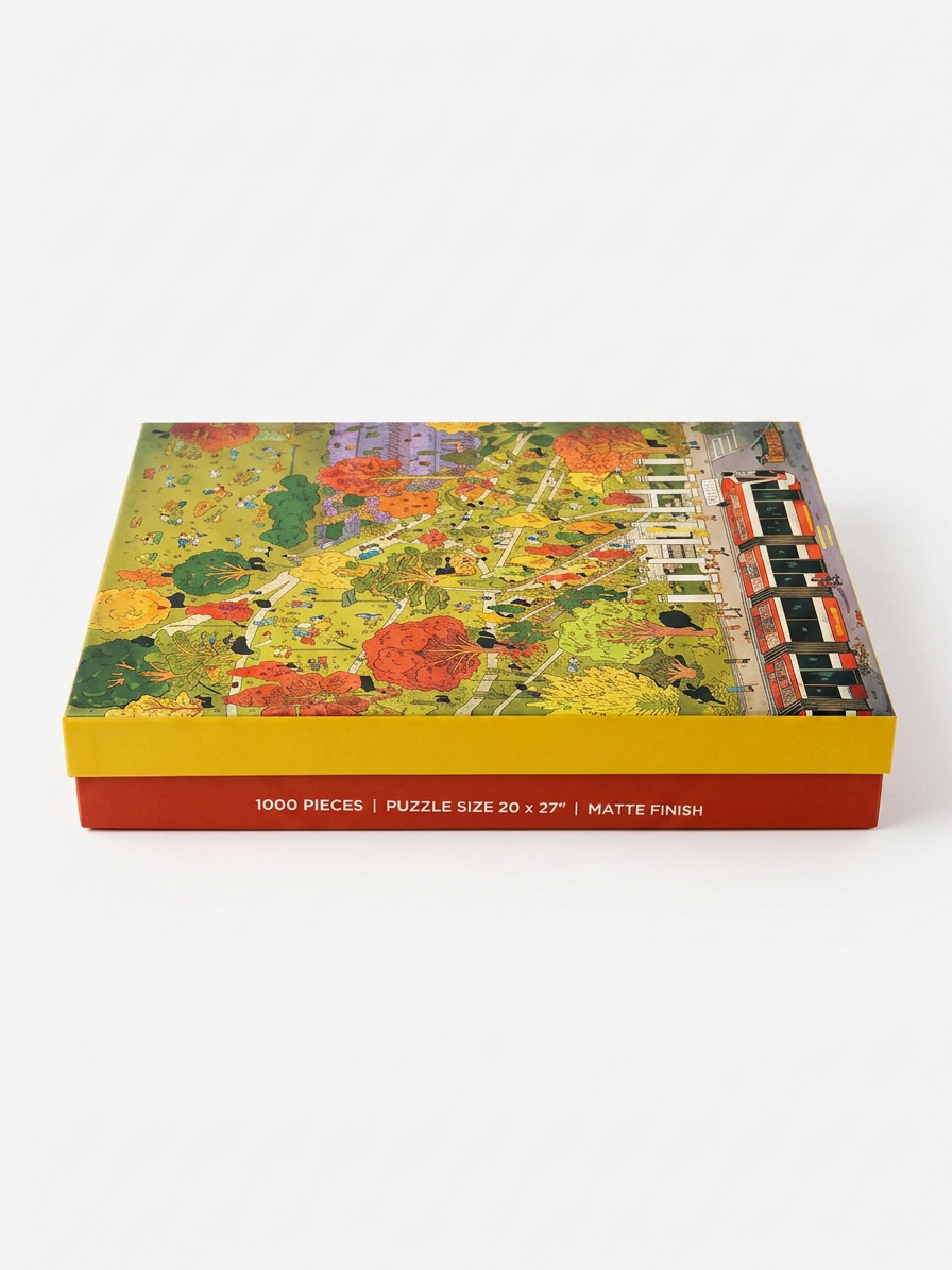 Side view of the Trinity Bellwoods Fall 1000-piece puzzle box showing the premium matte-finish packaging and sturdy two-piece box.