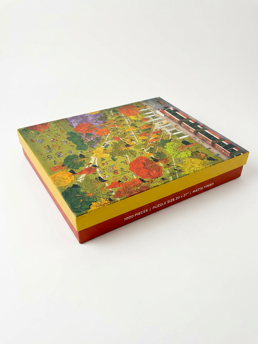 Angled view of the Trinity Bellwoods Fall 1000-piece puzzle box showing the premium matte-finish packaging featuring artwork by Kathleen Fu.