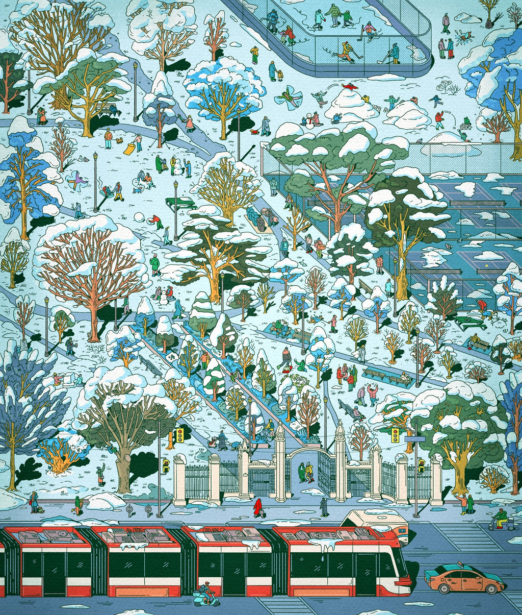 A 1000-piece Trinity Bellwoods Winter puzzle featuring a snowy Toronto park filled with skaters, walkers, snow-covered trees, a TTC streetcar, and cozy neighbourhood scenes. A festive Christmas gift and holiday puzzle for adults.