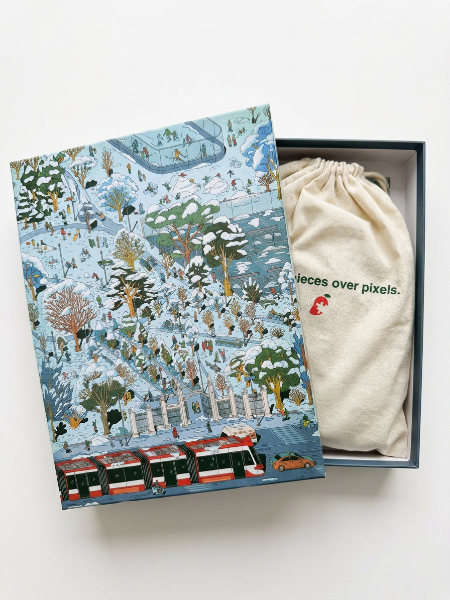Open box of the Trinity Bellwoods Winter 1000-piece puzzle featuring the illustrated puzzle box and reusable cotton storage bag. A thoughtful Christmas gift and holiday puzzle for adults.
