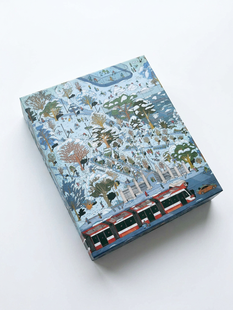 Front view of the Trinity Bellwoods Winter 1000-piece puzzle box featuring original artwork by Toronto artist Kathleen Fu on premium matte-finish packaging.