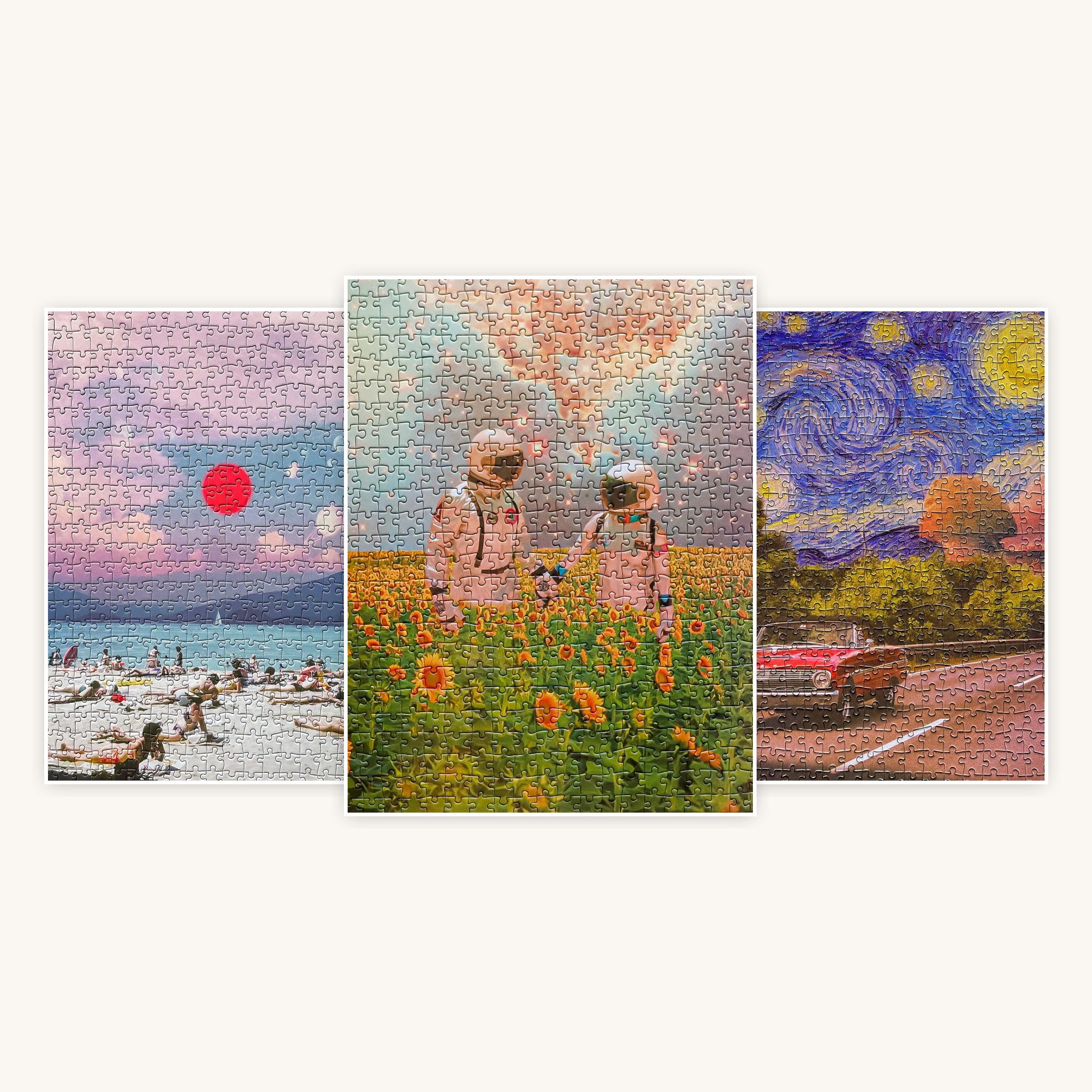 The Cosmic Set — End of Summer, Partners and Starry Ride 500-piece puzzles by Caitlyn Grabenstein shown side by side